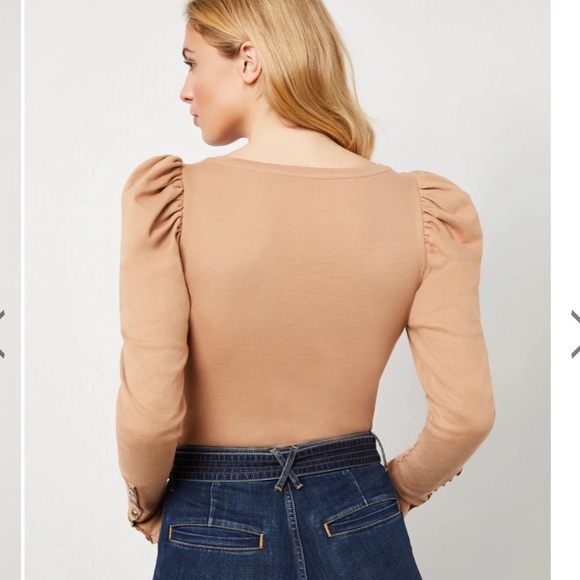 76. BCBGMAXAZRIA Ruched Puff Sleeve Bodysuit in Camel - Picture 4 of 14